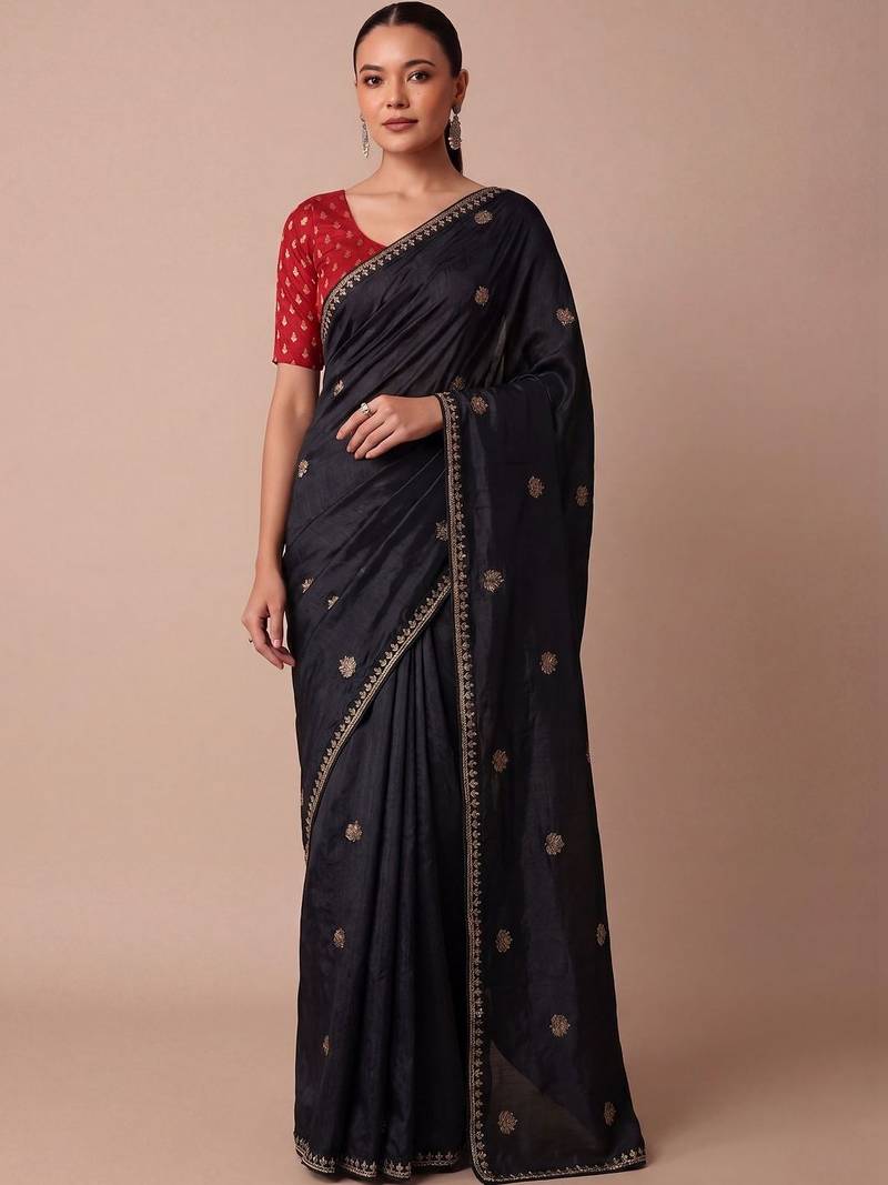 Black embellished embroidered silk blend saree