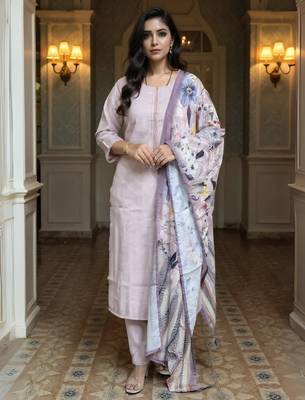 Lavender embroidered cotton blend kurta trouser dupatta set 4