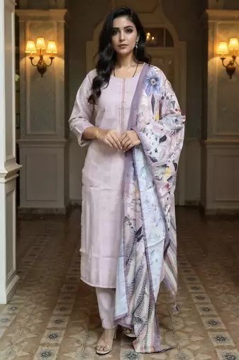 Lavender embroidered cotton blend kurta trouser dupatta set