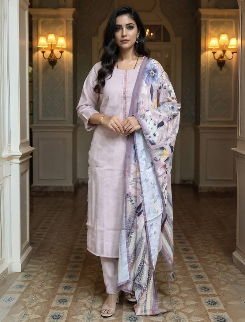 Lavender embroidered cotton blend kurta trouser dupatta set