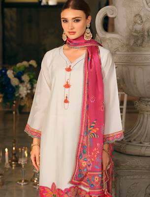 White embroidered silk blend kurta trouser dupatta set 1