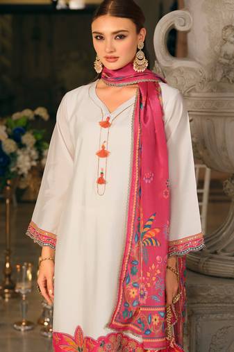 White embroidered silk blend kurta trouser dupatta set