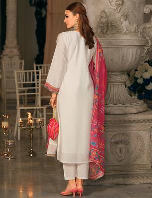 White embroidered silk blend kurta trouser dupatta set 2
