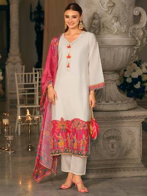 White embroidered silk blend kurta trouser dupatta set 3