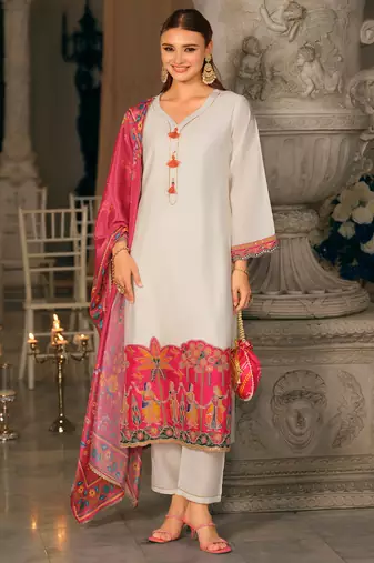 White embroidered silk blend kurta trouser dupatta set