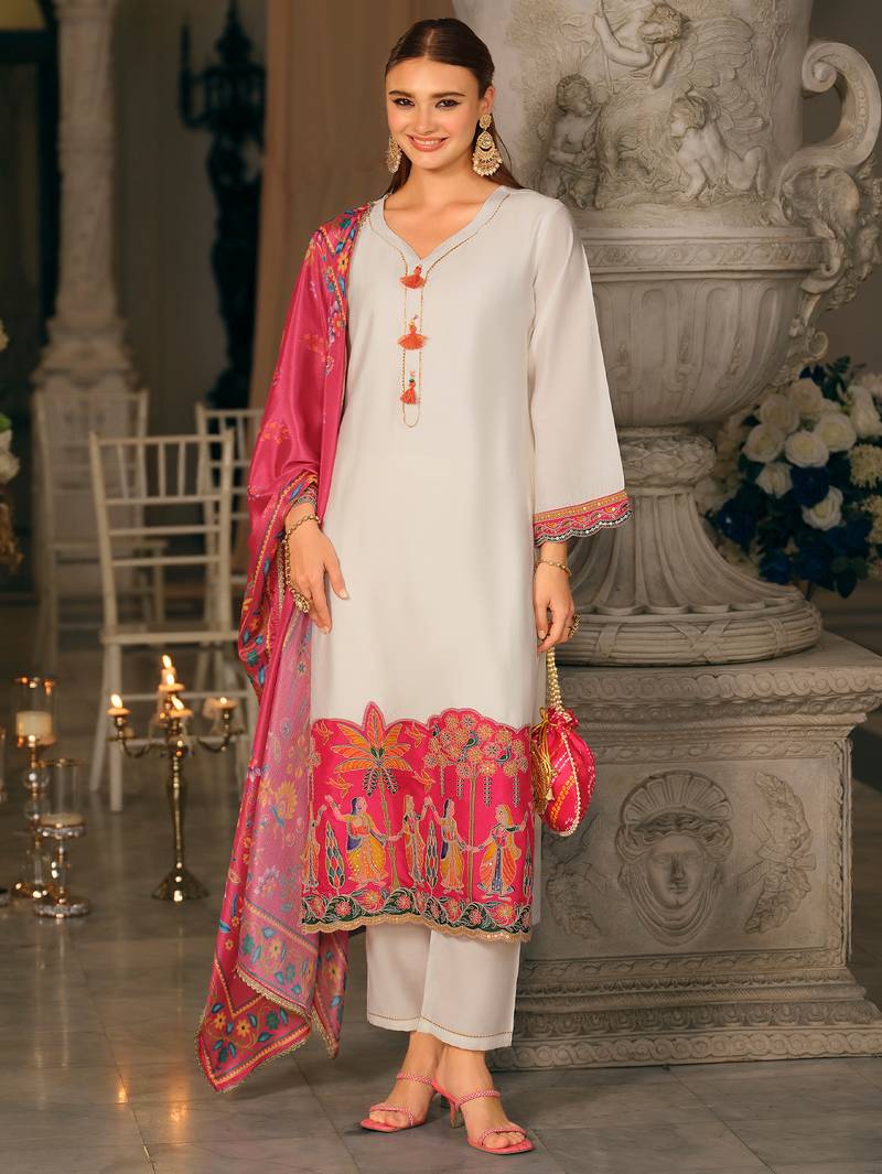 White embroidered silk blend kurta trouser dupatta set