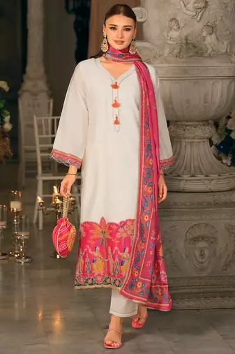 White embroidered silk blend kurta trouser dupatta set