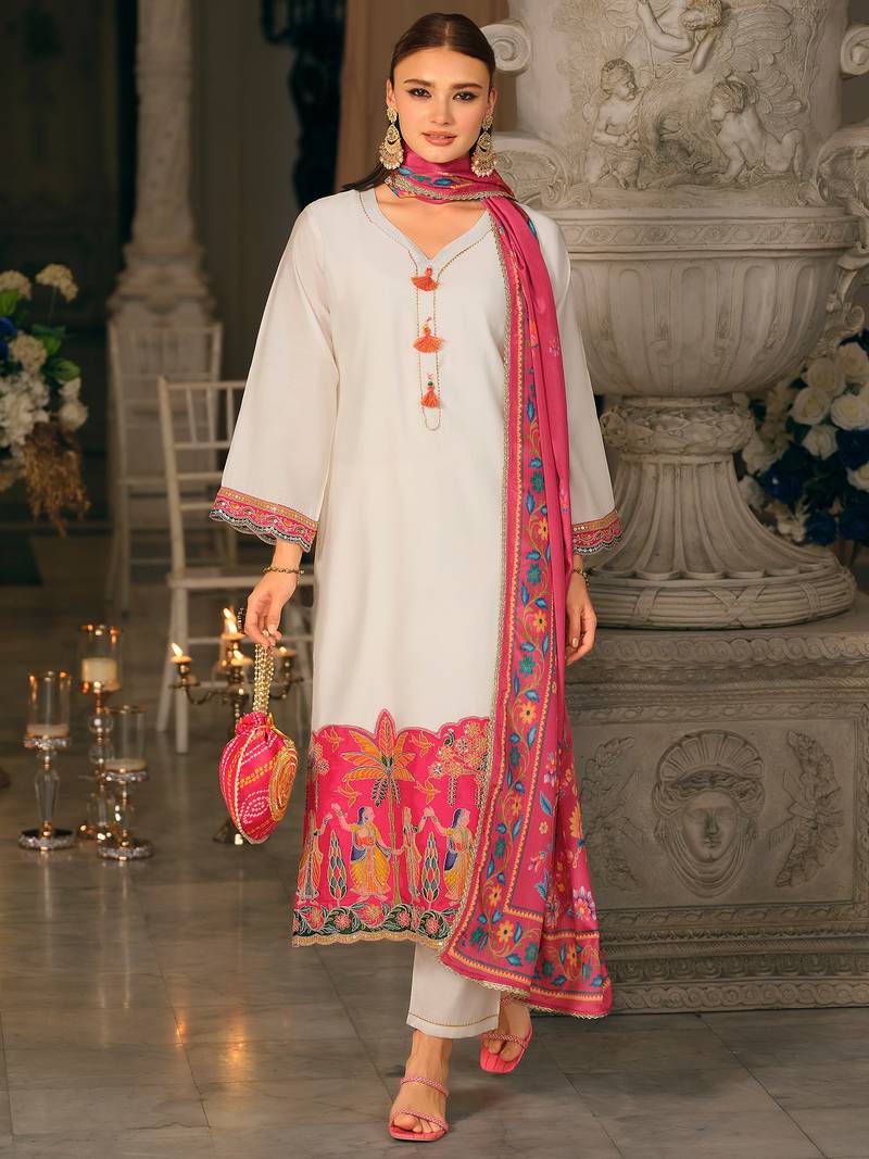 White embroidered silk blend kurta trouser dupatta set