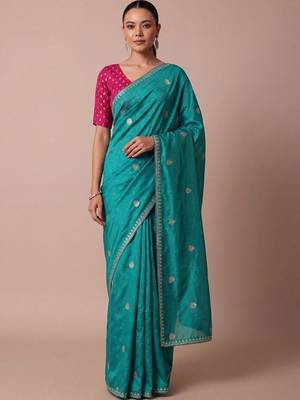 Teal embellished zari silk blend saree 1