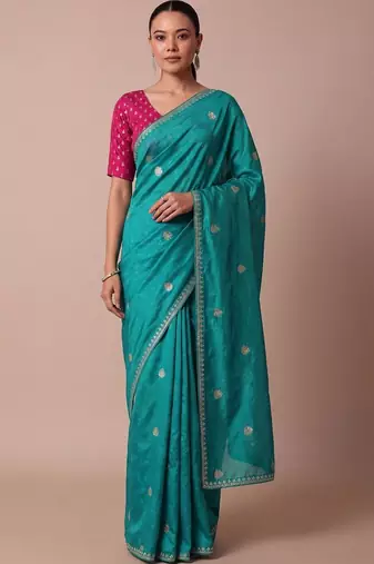 Teal embellished zari silk blend saree