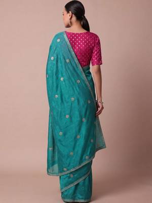 Teal embellished zari silk blend saree 2