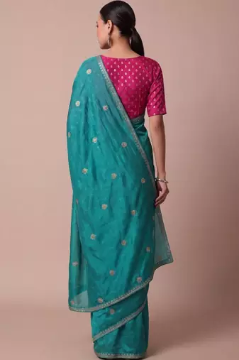 Teal embellished zari silk blend saree