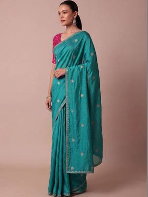Teal embellished zari silk blend saree 3