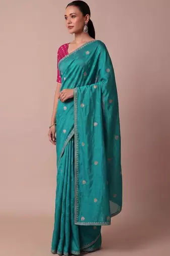 Teal embellished zari silk blend saree