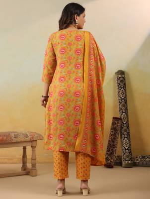 Yellow embroidered cotton blend kurta trouser dupatta set 2