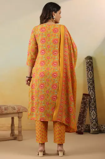 Yellow embroidered cotton blend kurta trouser dupatta set
