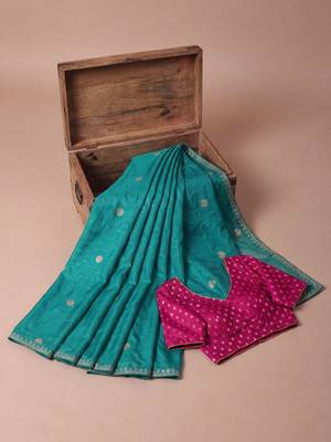 Teal embellished zari silk blend saree 4