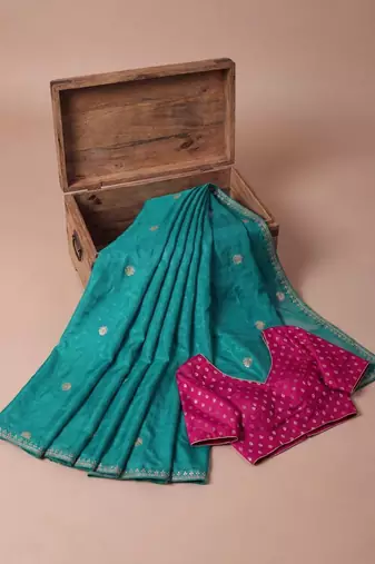 Teal embellished zari silk blend saree