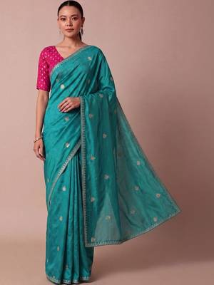 Teal embellished zari silk blend saree 5