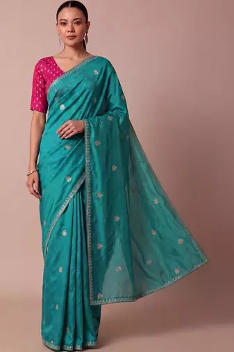 Teal embellished zari silk blend saree