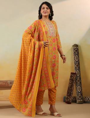 Yellow embroidered cotton blend kurta trouser dupatta set 3
