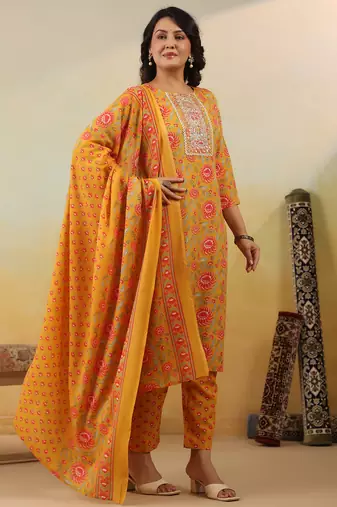 Yellow embroidered cotton blend kurta trouser dupatta set
