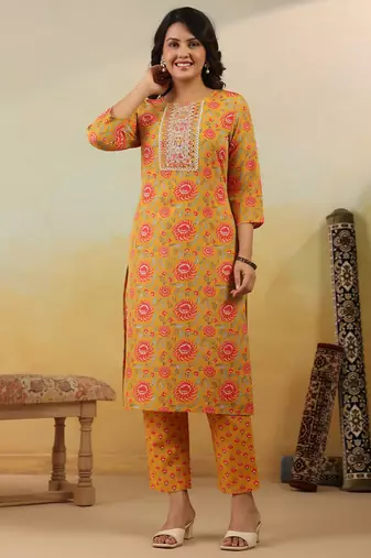 Yellow embroidered cotton blend kurta trouser dupatta set