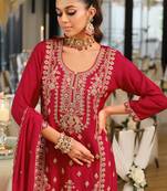 Pink embroidered chinon kurta trouser dupatta set