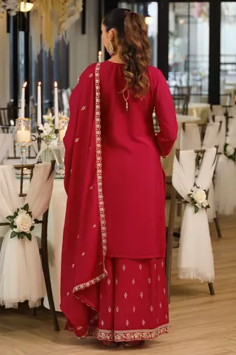 Pink embroidered chinon kurta trouser dupatta set