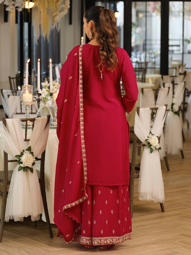 Pink embroidered chinon kurta trouser dupatta set