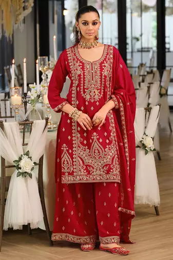 Pink embroidered chinon kurta trouser dupatta set