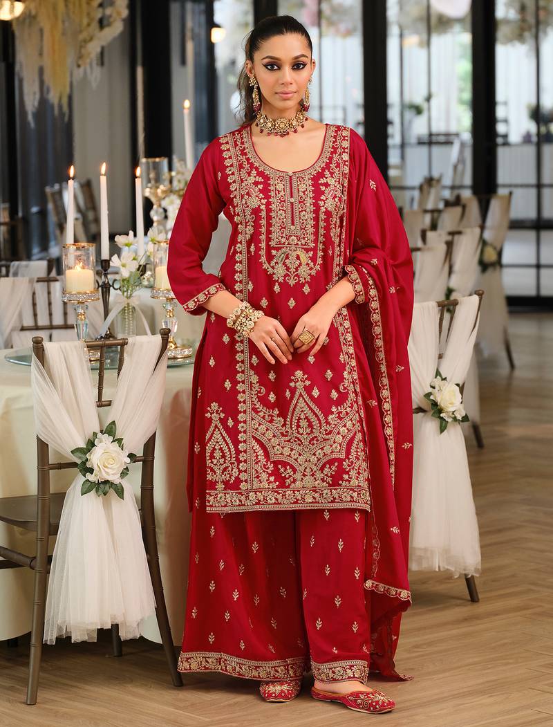 Pink embroidered chinon kurta trouser dupatta set