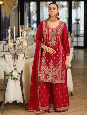 Pink embroidered chinon kurta trouser dupatta set 4