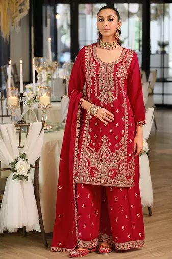 Pink embroidered chinon kurta trouser dupatta set