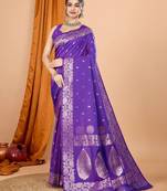 Violet zari woven design banarasi saree with unstitched blouse