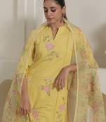 Yellow embroidered cotton blend kurta trouser dupatta set
