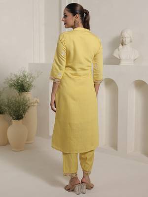Yellow embroidered cotton blend kurta trouser dupatta set 2