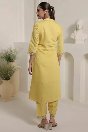 Yellow embroidered cotton blend kurta trouser dupatta set