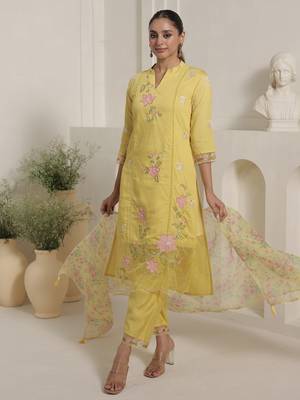 Yellow embroidered cotton blend kurta trouser dupatta set 3