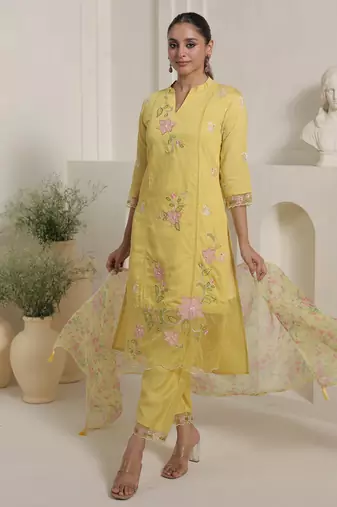 Yellow embroidered cotton blend kurta trouser dupatta set