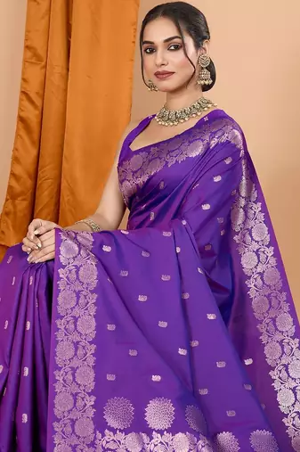 Violet zari woven design banarasi saree with unstitched blouse