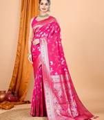 Pink ethnic motifs woven design zari banarasi saree with unstitched blouse