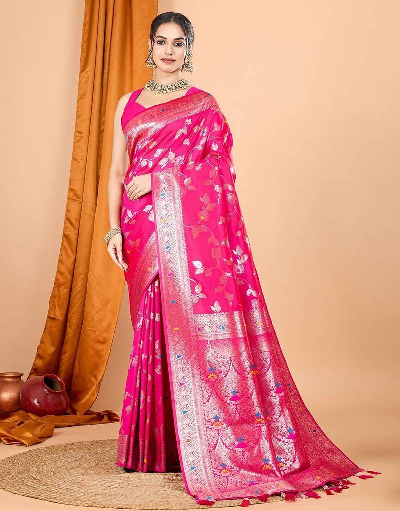 Pink ethnic motifs woven design zari banarasi saree with unstitched blouse