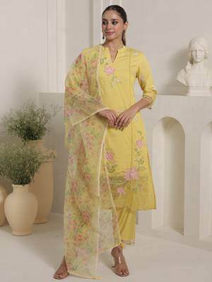 Yellow embroidered cotton blend kurta trouser dupatta set 4