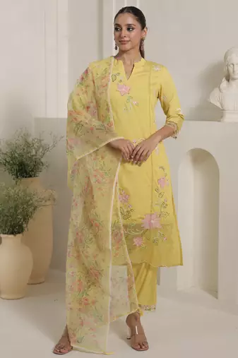 Yellow embroidered cotton blend kurta trouser dupatta set