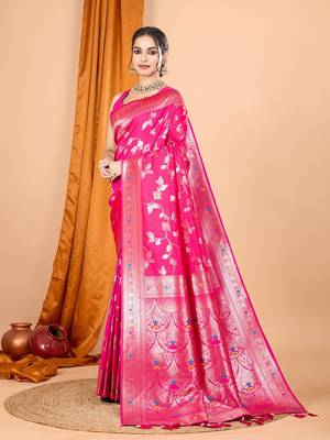Pink ethnic motifs woven design zari banarasi saree with unstitched blouse 2