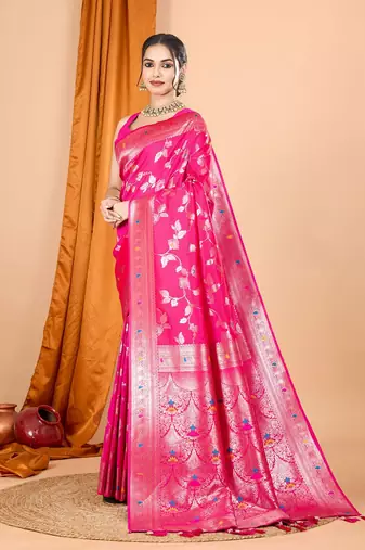 Pink ethnic motifs woven design zari banarasi saree with unstitched blouse