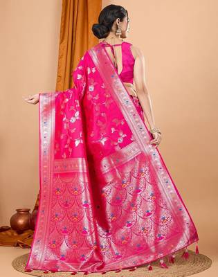 Pink ethnic motifs woven design zari banarasi saree with unstitched blouse 3