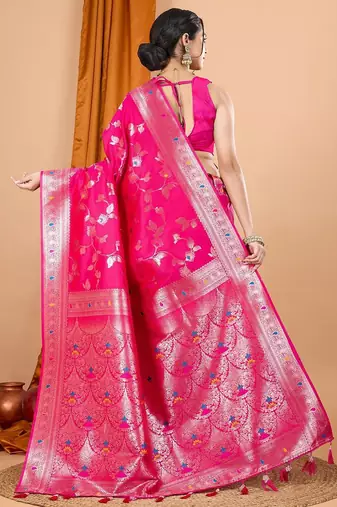 Pink ethnic motifs woven design zari banarasi saree with unstitched blouse