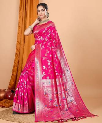 Pink ethnic motifs woven design zari banarasi saree with unstitched blouse 4